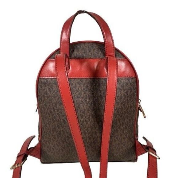 Rare Michael Kors Rhea Zip Backpack Signature Logo Red Snakeskin Suede Stripe - Picture 6 of 16